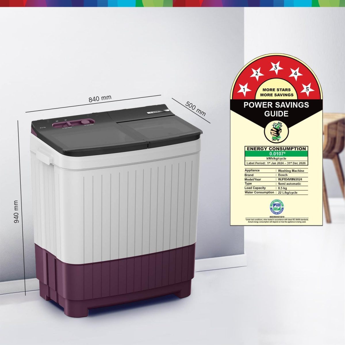 Bosch 8.5 kg 5 Star Semi-Automatic Top Loading Washing Machine (2025 Model, WJP854V0IN, 3 Wash Programs, Anti-Rust Body, 1300 RPM Spin Speed, Wine, 5 Years Comprehensive Warranty) - Image 2