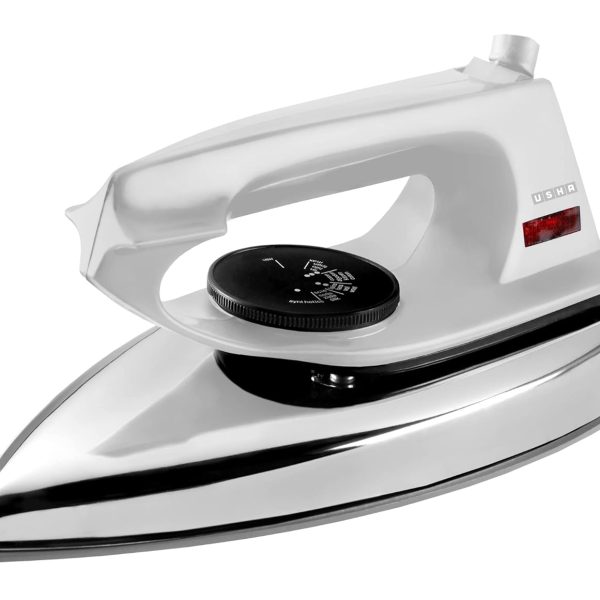 Usha 2802 1000Watt Dry Iron with Metal Body | Single Coat Black Non Stick Soleplate for longer durability | Thermal Safety Fuse | 180° Swivel Cord | 2 Years Warranty | (White)