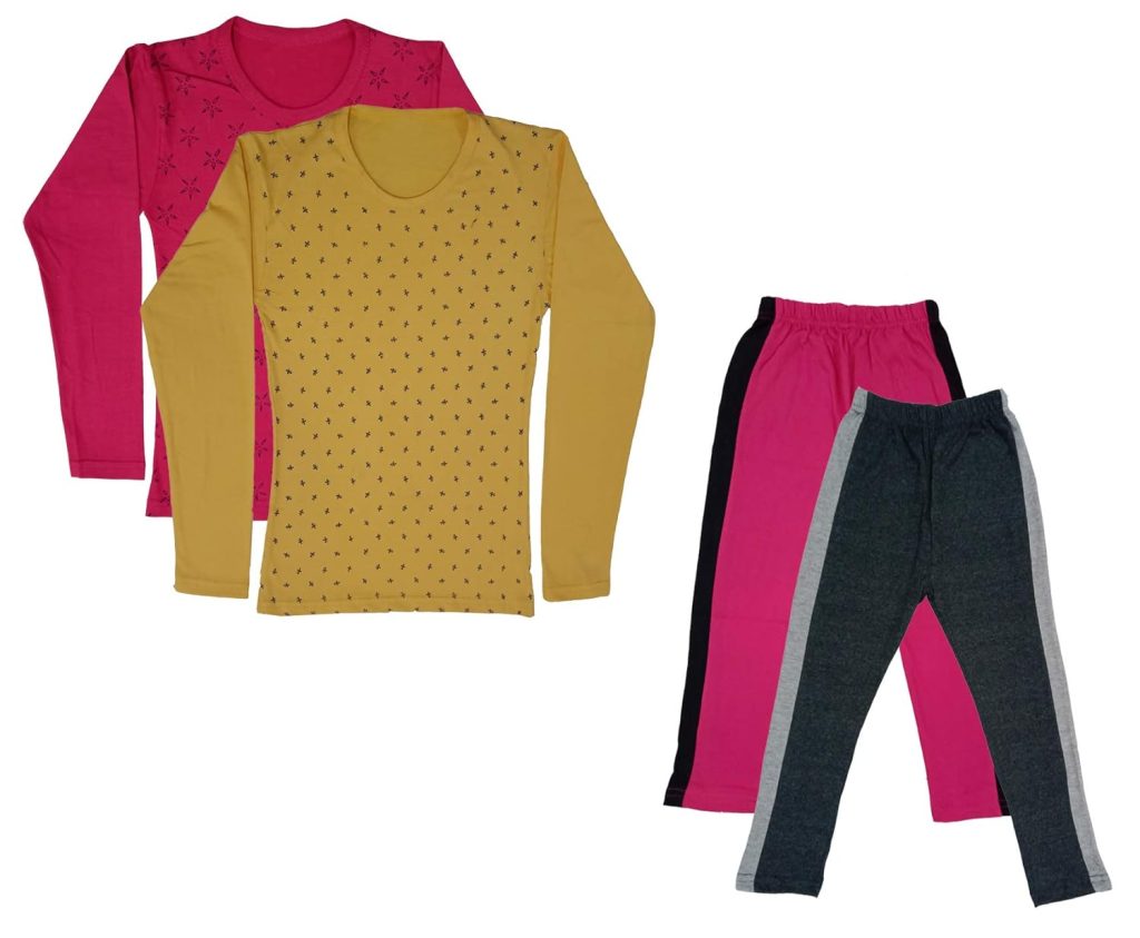 IndiWeaves Girls Cotton Full Sleeve Printed T-Shirts and Cotton Capri 3/4 Pants (Magenta,Dark Grey,Magenta,Yellow,6-7 Years) Pack of 4