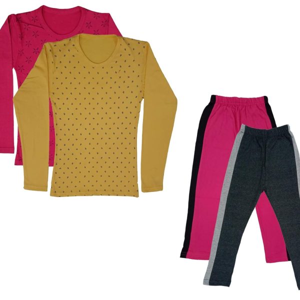 IndiWeaves Girls Cotton Full Sleeve Printed T-Shirts and Cotton Capri 3/4 Pants (Magenta,Dark Grey,Magenta,Yellow,6-7 Years) Pack of 4