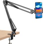 Elfora Adjustable Overhead Mobile Phone Holder with Long Arm for Video Recording, Streaming, Office Use, Cooking, Crafting Videos Compatible with Devices Up to 4-7 Inches (Black)