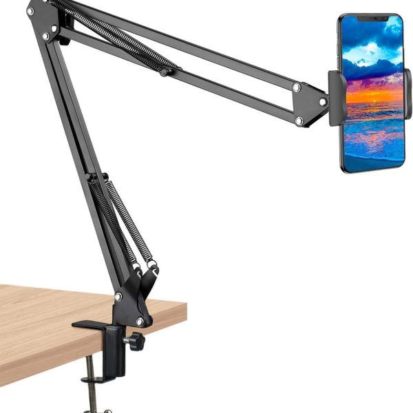 Elfora Adjustable Overhead Mobile Phone Holder with Long Arm for Video Recording, Streaming, Office Use, Cooking, Crafting Videos Compatible with Devices Up to 4-7 Inches (Black)