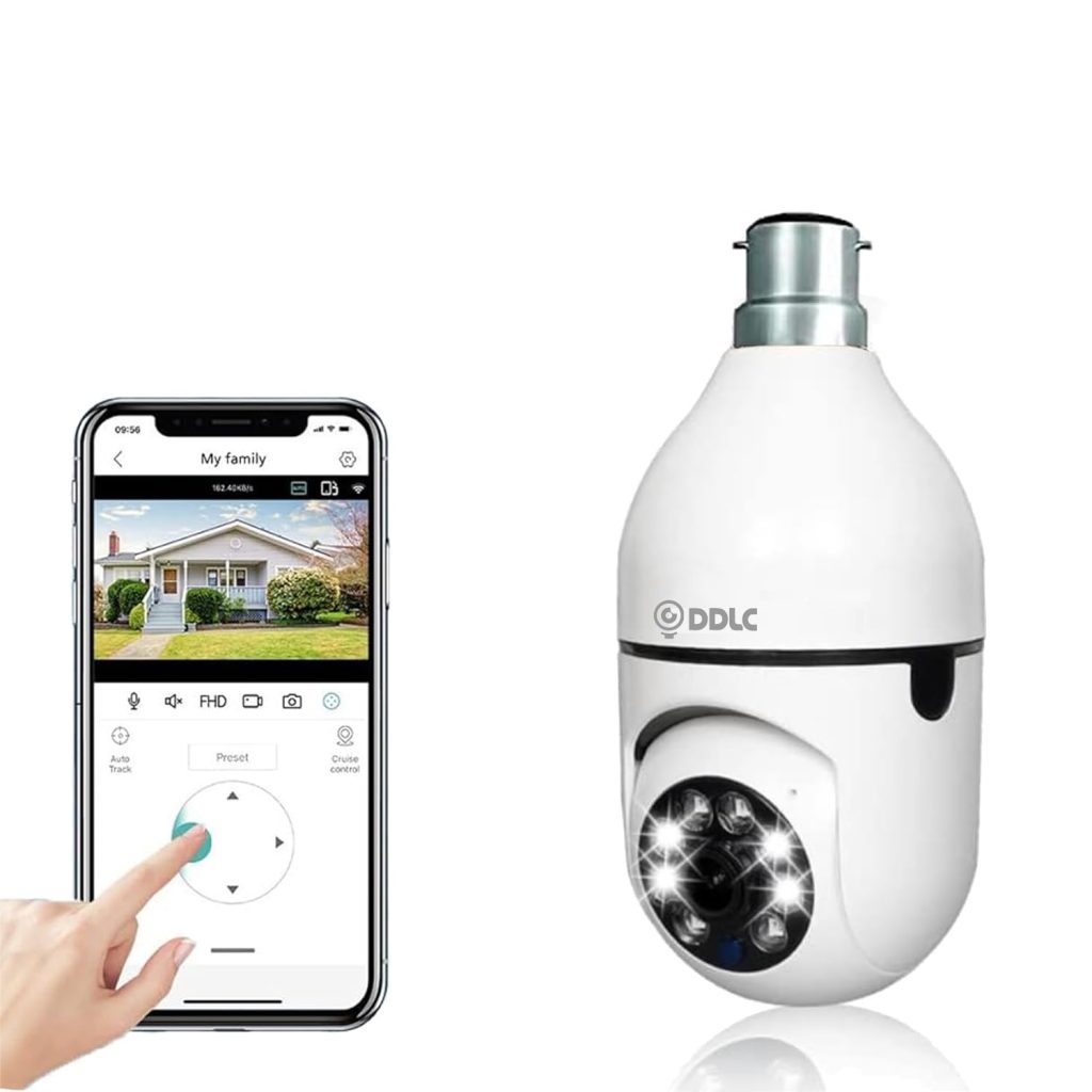 DDLC Wi-Fi Bulb CCTV Camera 1080p Wireless PTZ Bulb Shape Indoor 360° Smart Home Security Light Vision 24x7 Continuous Recording with Motion Sensor LED Lights PTZ Bulb Shape V380 Pro