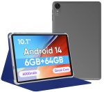 Tablet 10.1 inch, Android 14 Tablets 9 (3+6) GB RAM 64GB ROM 1TB Expand, 1280x800 IPS HD Touchscreen, 6000mAh Battery, Bluetooth, Dual Camera, GMS, WiFi, Case (Black)