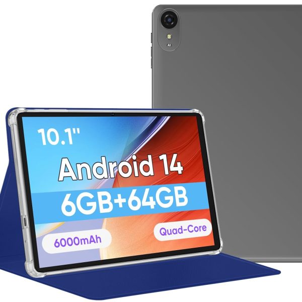 Tablet 10.1 inch, Android 14 Tablets 9 (3+6) GB RAM 64GB ROM 1TB Expand, 1280x800 IPS HD Touchscreen, 6000mAh Battery, Bluetooth, Dual Camera, GMS, WiFi, Case (Black)