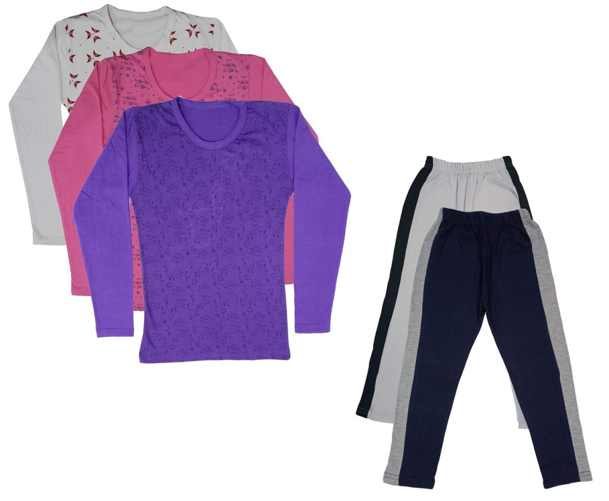 IndiWeaves Girls Cotton Full Sleeve Printed T-Shirts and Cotton Capri 3/4 Pants (White,Navy Blue,White,Pink,Purple,15-16 Years) Pack of 5