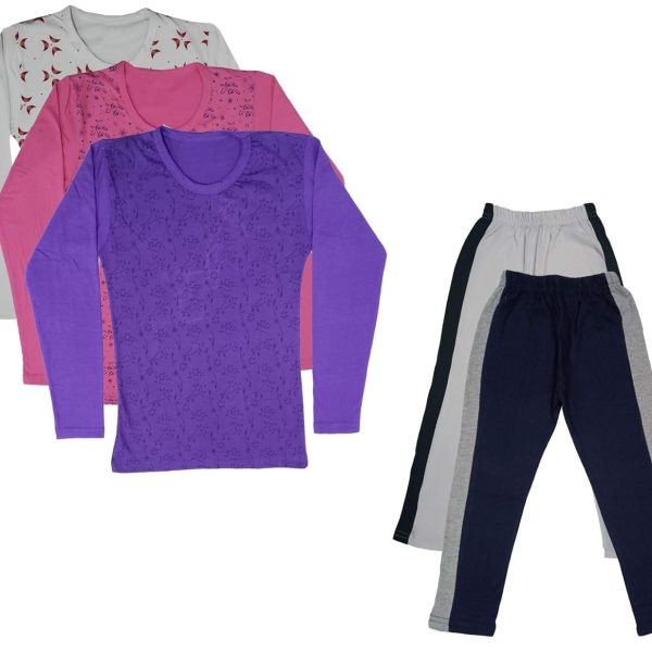 IndiWeaves Girls Cotton Full Sleeve Printed T-Shirts and Cotton Capri 3/4 Pants (White,Navy Blue,White,Pink,Purple,15-16 Years) Pack of 5