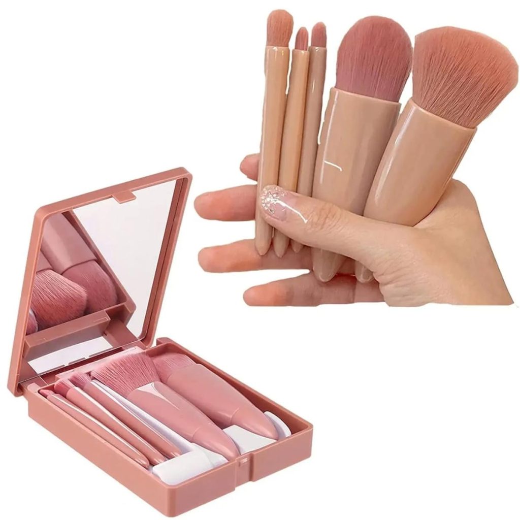 Cavernshop Professional 5 in 1 Small Mini Makeup Brush Kit with Mirror for Face Eye Shadows Eyeshadow Powder Blush Cosmetic Case Set Cleanser for Women Foundation Travel Brushes for Girl Female