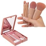 Cavernshop Professional 5 in 1 Small Mini Makeup Brush Kit with Mirror for Face Eye Shadows Eyeshadow Powder Blush Cosmetic Case Set Cleanser for Women Foundation Travel Brushes for Girl Female