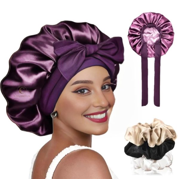 Candibella Silk Bonnet for Hair with 3 Scrunchies, Adjustable Silk Hair Cap for Sleeping, Satin Bonnet for Curly Hair with Wide Elastic Tie Band