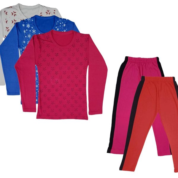 IndiWeaves Girls Cotton Full Sleeve Printed T-Shirts and Cotton Capri 3/4 Pants (Magenta,Red,White,Blue,Magenta,6-7 Years) Pack of 5