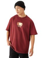 The Souled Store No Social Battery Men and Boys Short Sleeve Round Neck Maroon Graphic Printed Cotton Oversized T-Shirts
