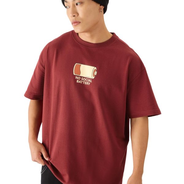The Souled Store No Social Battery Men and Boys Short Sleeve Round Neck Maroon Graphic Printed Cotton Oversized T-Shirts