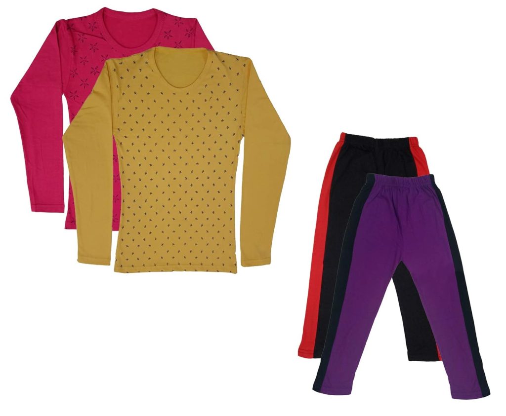IndiWeaves Girls Cotton Full Sleeve Printed T-Shirts and Cotton Capri 3/4 Pants (Black,Purple,Magenta,Yellow,11-12 Years) Pack of 4