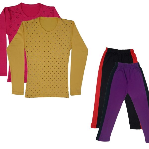 IndiWeaves Girls Cotton Full Sleeve Printed T-Shirts and Cotton Capri 3/4 Pants (Black,Purple,Magenta,Yellow,11-12 Years) Pack of 4