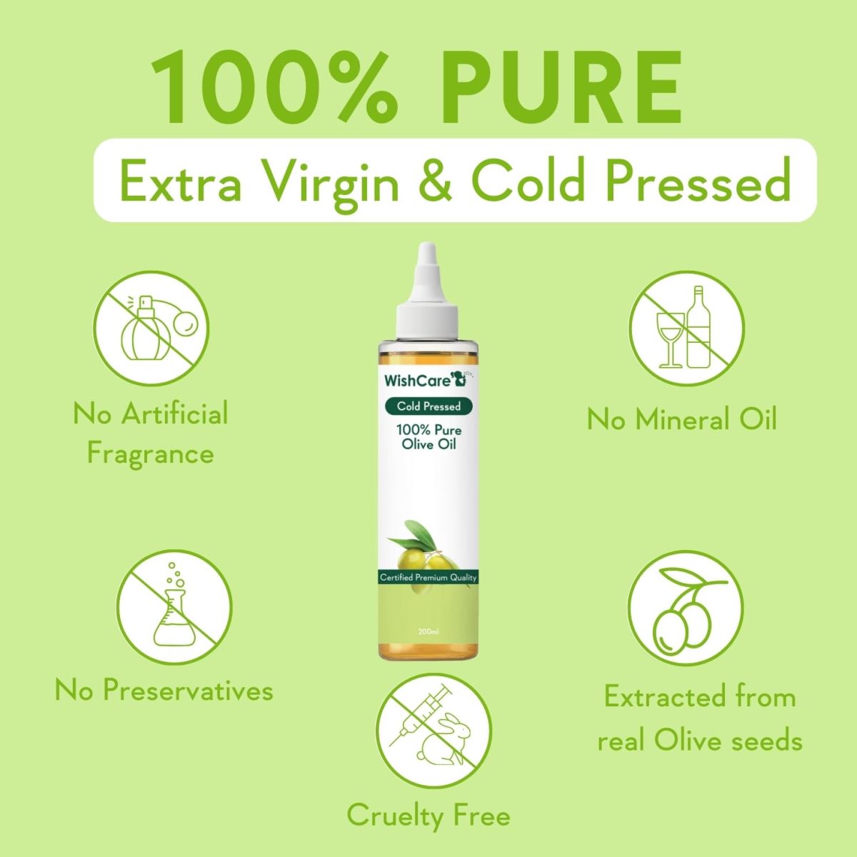 WishCare® 100% Pure Premium Cold Pressed Olive Oil for Hair & Skin - 200ml - Image 3