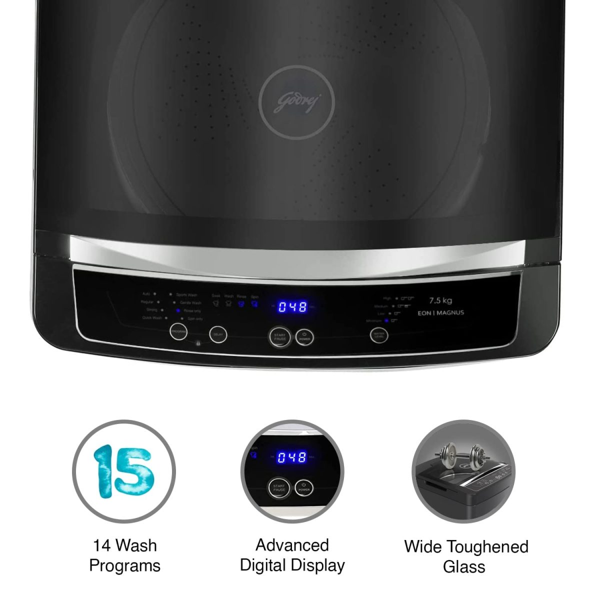 Godrej 7.5 Kg 5 Star In Built Heater With Germshield Technology Fully-Automatic Top Load Washing Machine (WTEON MGNS 75 5.0 FDTG MTBK, Metallic Black, With Toughened Glass lid) - Image 4