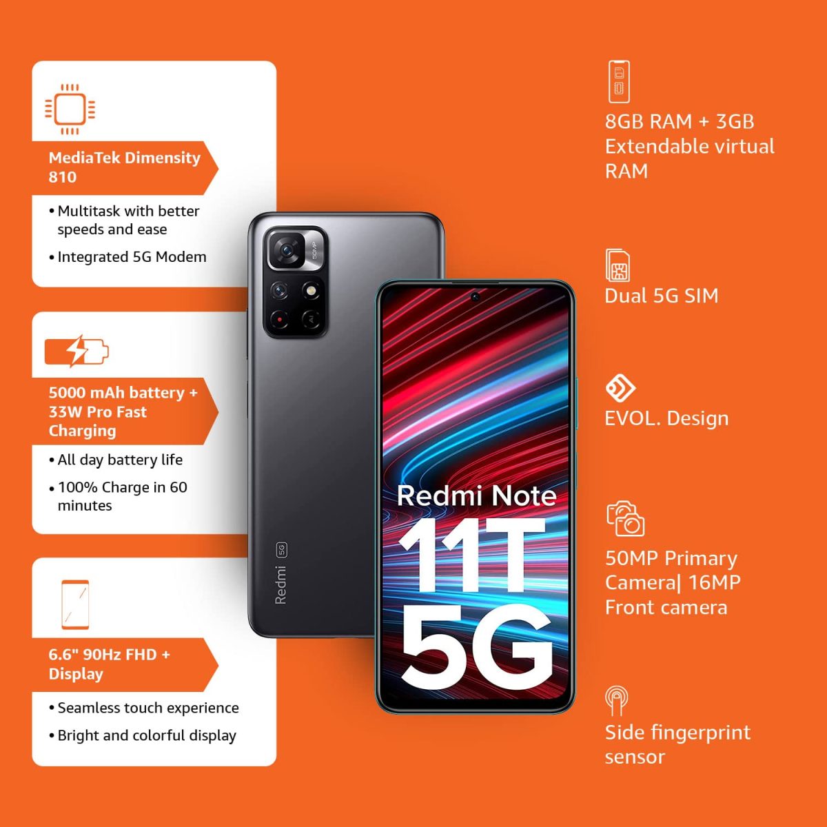 Redmi Note 11T 5G (Matte Black, 6GB RAM, 64GB ROM)| Dimensity 810 5G | 33W Pro Fast Charging| Charger Included - Image 3