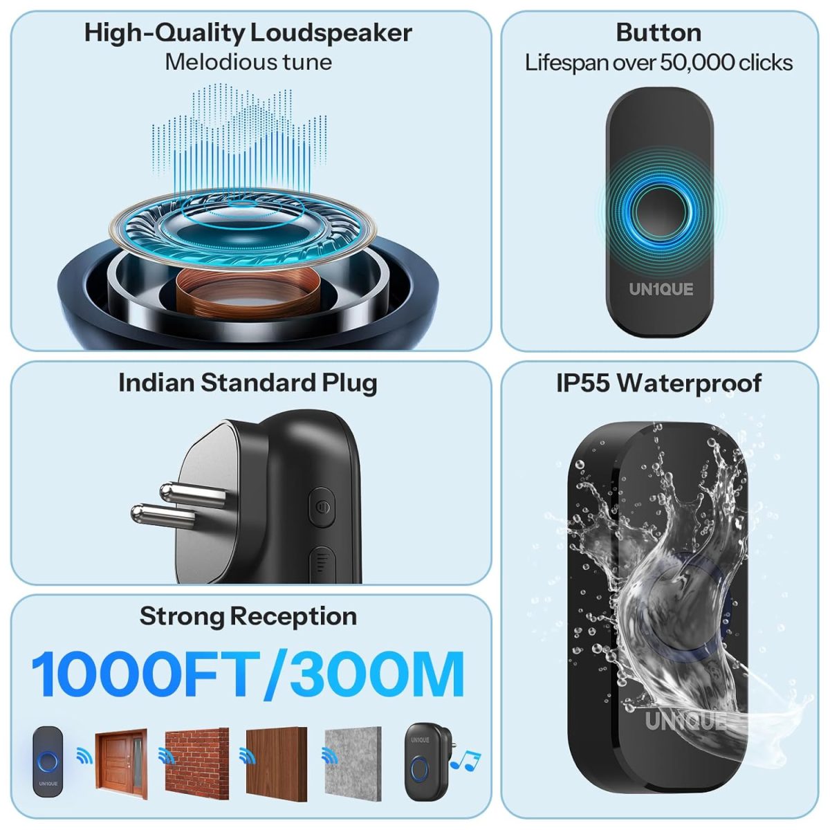 UN1QUE Wireless Door Bell for Home - Small Calling Bell for Office, 1000ft Long Range with 32 Chimes, 100dB Louder Volume, 4 Level Volume, LED Light (U600) (Black 1 Receiver +1 Portable Push Button) - Image 6