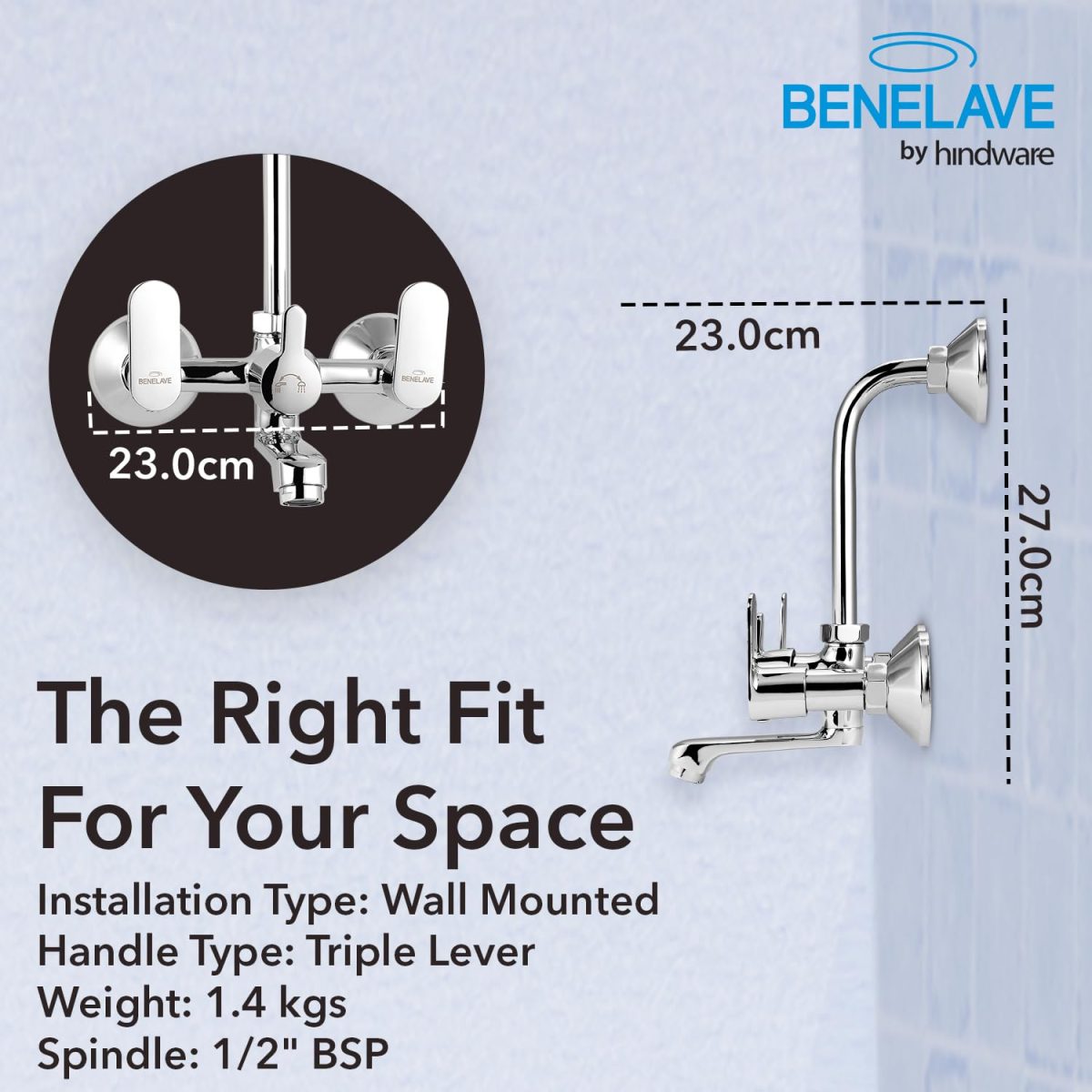 Benelave by Hindware Volga Brass Wall Mixer for Bathroom with Stainless Steel L-Bend Provision for Overhead Shower, Chrome Finish | 7-Year Manufacturer Warranty - Image 5