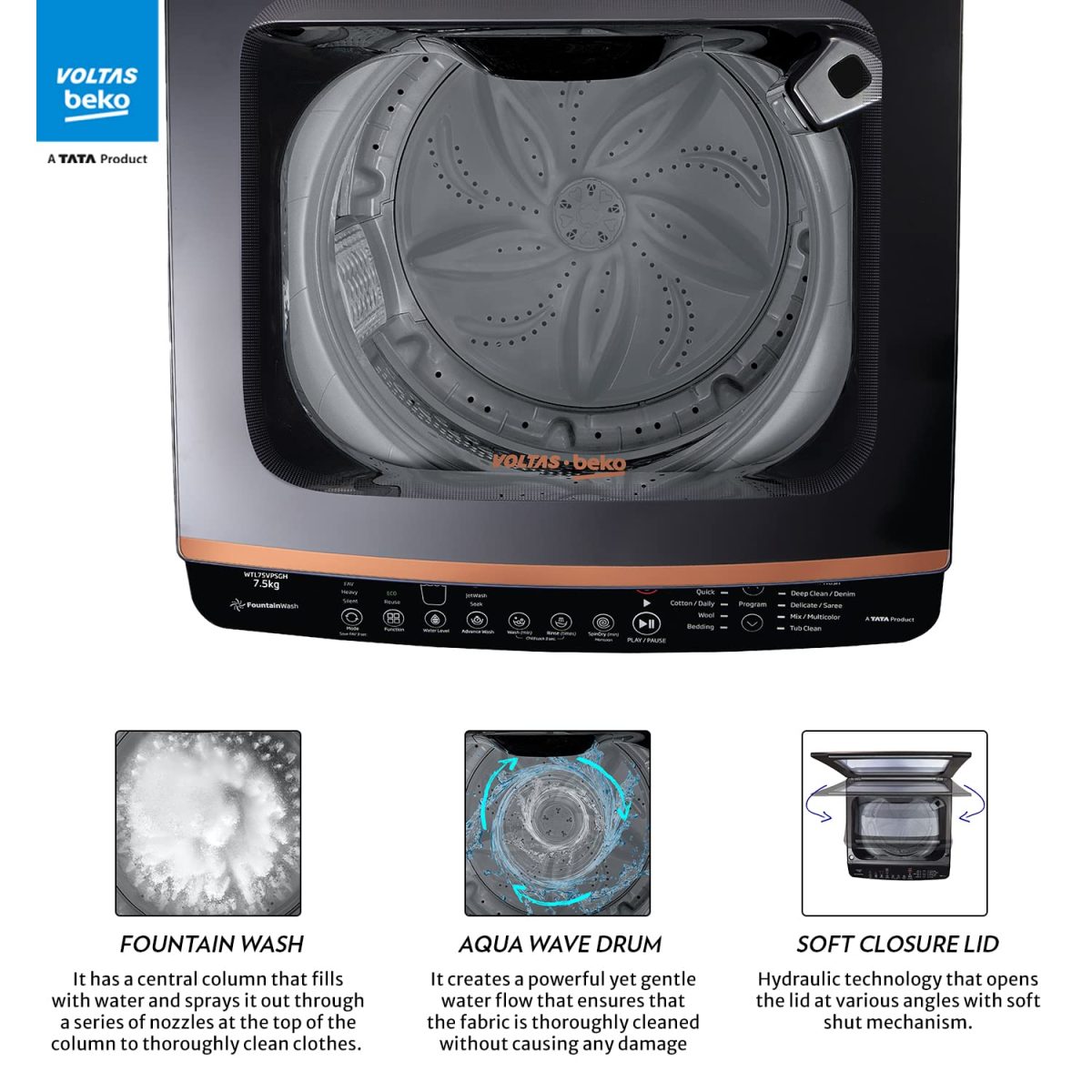 Voltas Beko 7.0 Kg, 5 Star, Inverter, Fully Automatic Top Load Washing Machine (WTL70VPBGF, Black), JET Wash/ Hand Wash, Drum Light,Fountain Wash - Image 5