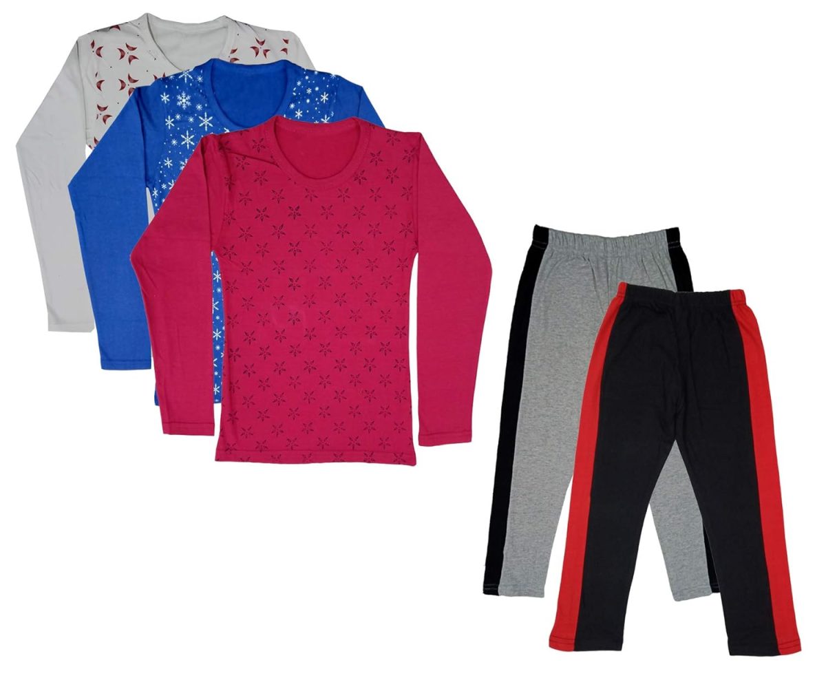 IndiWeaves Girls Cotton Full Sleeve Printed T-Shirts and Cotton Capri 3/4 Pants (Grey,Black,White,Blue,Magenta,12-13 Years) Pack of 5