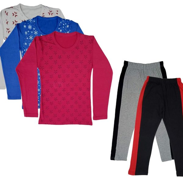 IndiWeaves Girls Cotton Full Sleeve Printed T-Shirts and Cotton Capri 3/4 Pants (Grey,Black,White,Blue,Magenta,12-13 Years) Pack of 5