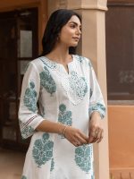 FIORRA Women's White Cotton Flared Kurta Set - Image 4