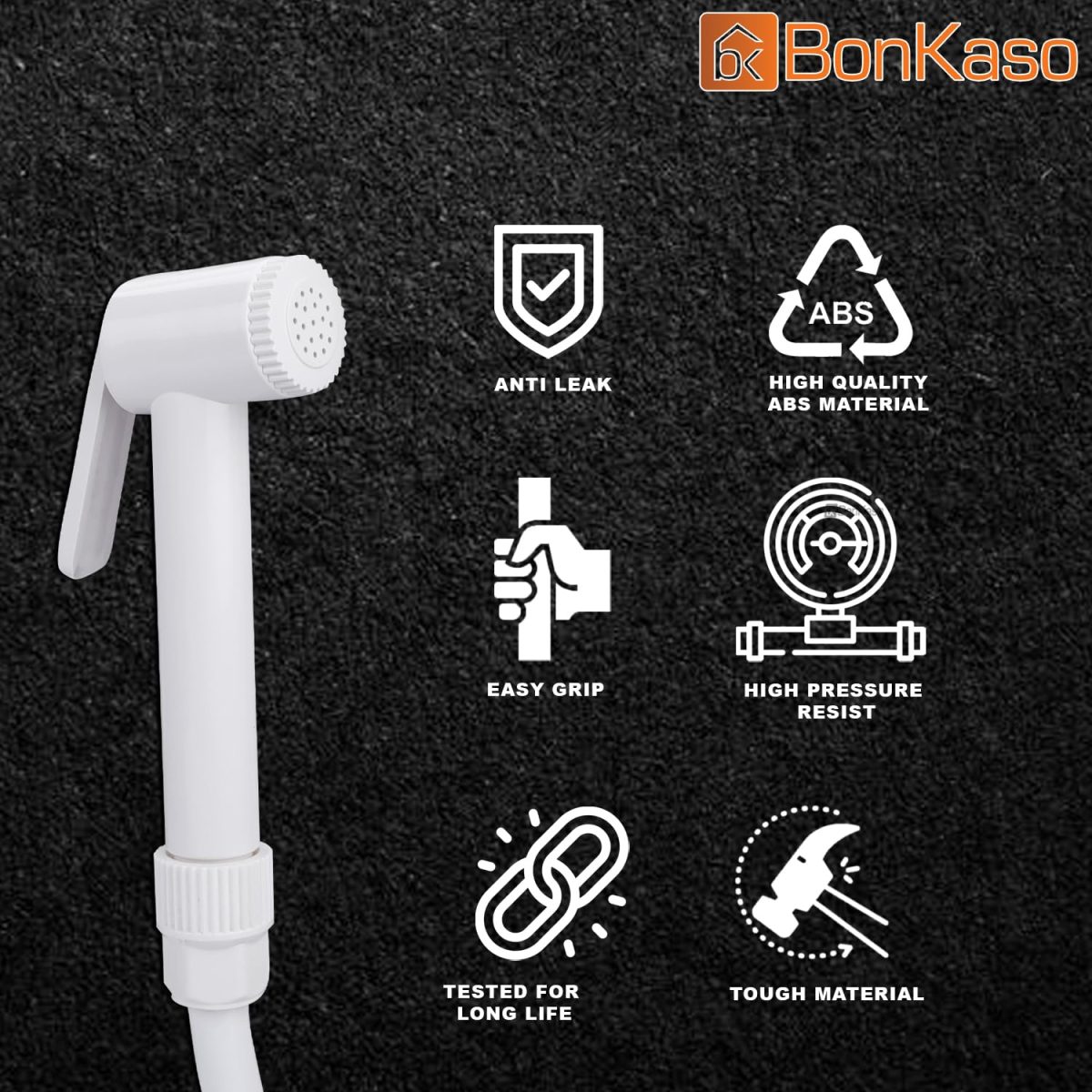 BonKaso HF Classic ABS Health Faucet with high Pressure 1 metre PVC Tube and Hook(White) - Jet Spray for Toilet - Image 2
