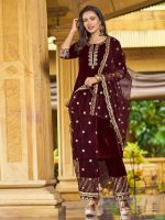 SIRIL Women's Velvet Embroidery Work Kurta Pant with Dupatta Set - Image 4