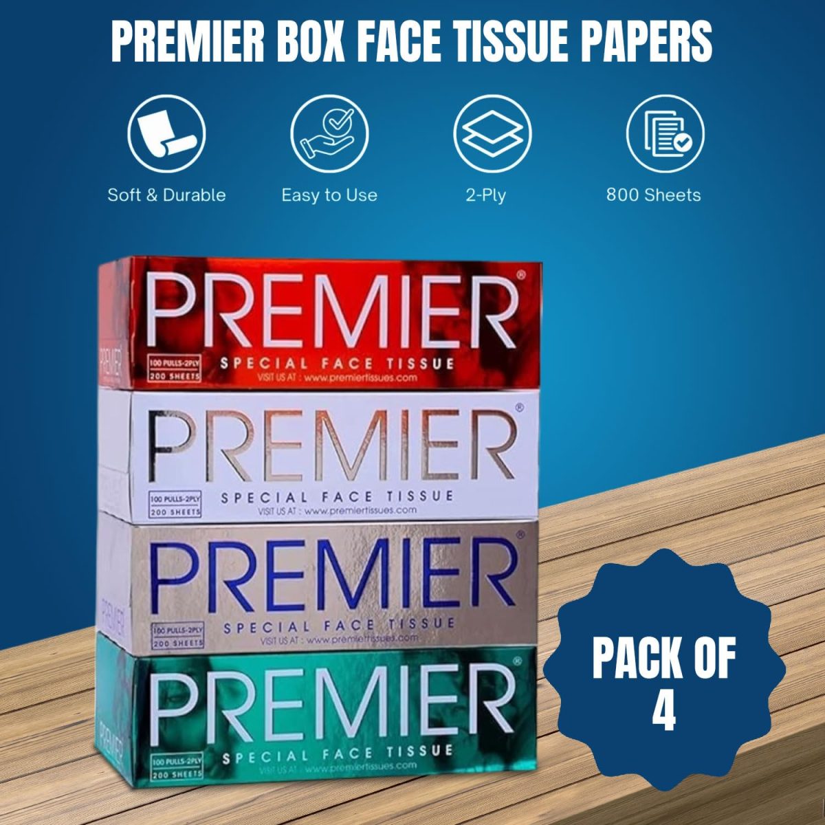 Premier Face Tissue Paper Box 2ply 100 Pulls Per Box (Pack of 4), 800 Sheets | Soft & Absorbent Facial Tissues | Disposable Tissues for home, Car tissue box, Office tissue paper - Image 4