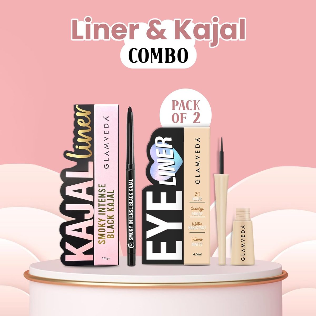 Glamveda Eyeliner & Pencil Kajal Combo Pack | Bold Eye Looks | Smudge-Proof, Long-Lasting | Smoky Liner & Smoky Kajal | Essential Eye Kit | Black, Matte Finish for Women - Image 2