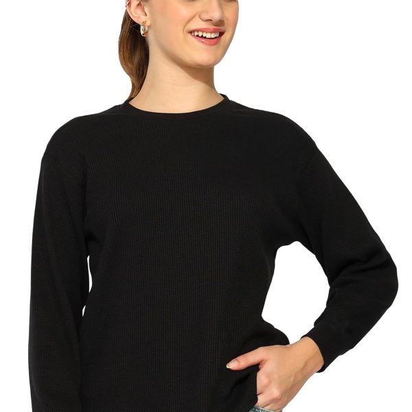 Alan Jones Clothing Women's 100%Cotton Relaxed Fit Waffle Crew Neck Long Sleeve T-Shirt