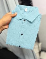 Textured Cotton Short Sleeve Shirt, Light Blue, Geometric Pattern, Button-Down Collar - Image 4