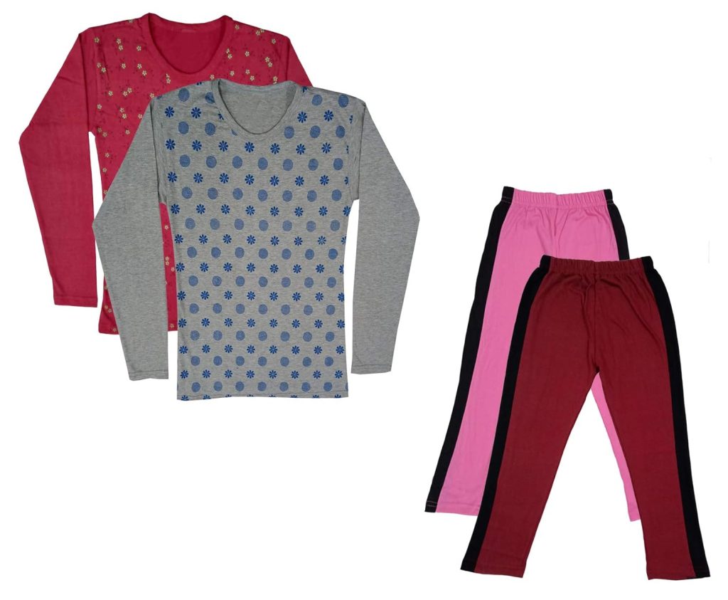 IndiWeaves Girls Cotton Full Sleeve Printed T-Shirts and Cotton Capri 3/4 Pants (Pink,Maroon,Maroon,Grey,14-15 Years) Pack of 4