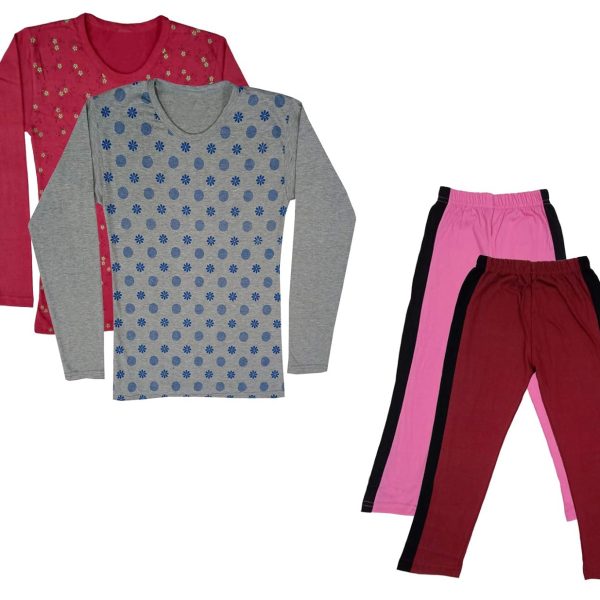 IndiWeaves Girls Cotton Full Sleeve Printed T-Shirts and Cotton Capri 3/4 Pants (Pink,Maroon,Maroon,Grey,14-15 Years) Pack of 4