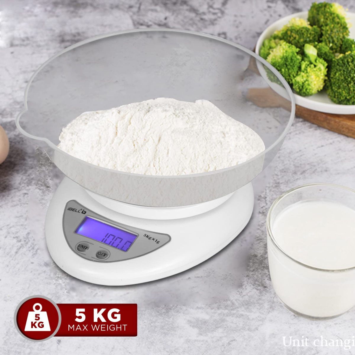 iBELL Digital Kitchen Weighing Scale for Health, LCD Display, High Precision Sensors, Tare Function, up to 5KG, Portable Food Weight Machine for Health, Fitness, Home Baking & Cooking - KS501M (White) - Image 4