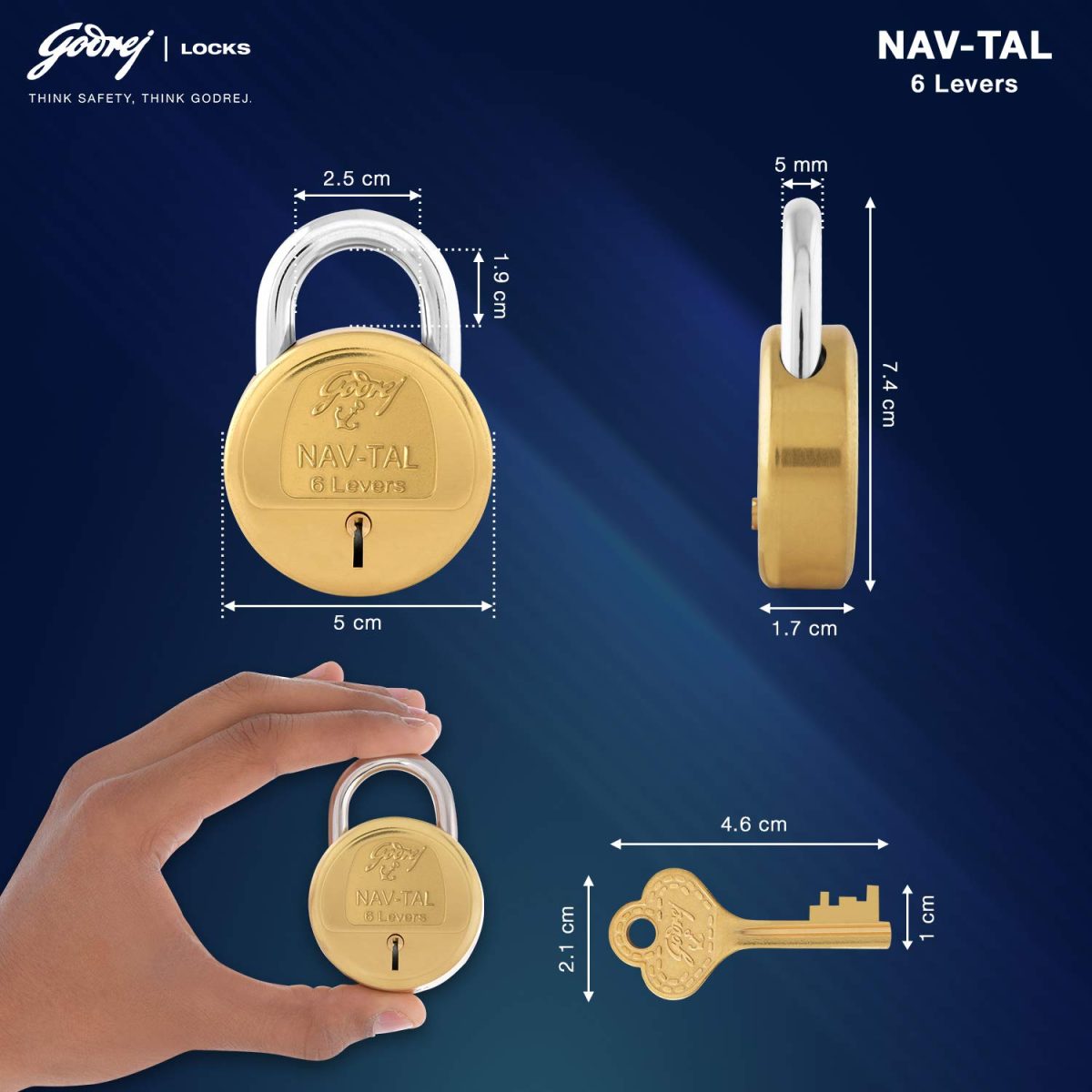 Godrej Locks I Navtal 6 levers 50 mm I Padlock for Main Door I Gate Lock I Tool Box, Shutters, Shops & Offices I Strong Hardened Corrosion Resistant Shackle I Brass Material | 1 Year Warranty - Image 2