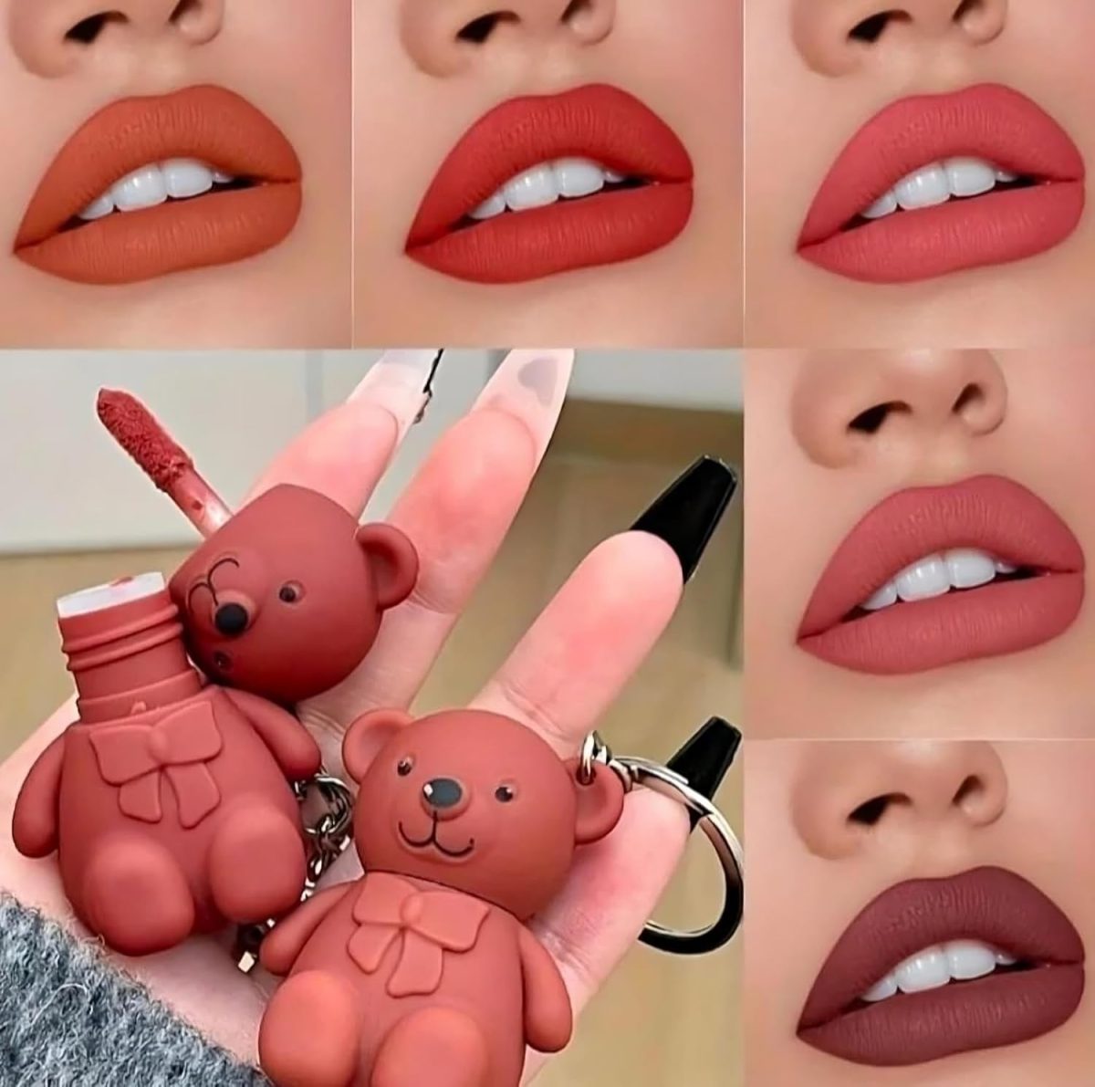 2in1 Teddy Bear Keychain Matte Liquid Lipstick | Non-Sticky | Hydrating | Long Lasting | Korean Viral Teddy Lip Gloss Lipsticks For Women (2 Pcs) - Image 2