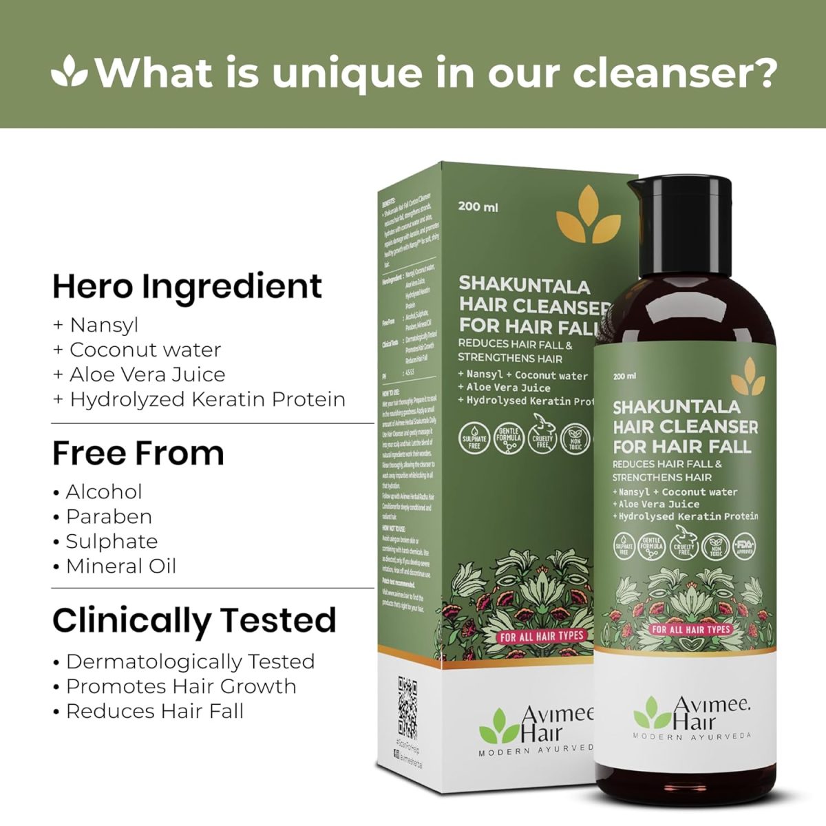 Avimee Herbal Shakuntala Hair Fall Control Hair Cleanser | With Keratin Protein & Nansyl | For Strong and Shiny Hair | Sulphate & Paraben Free For Men and Women | 200 mL - Image 2