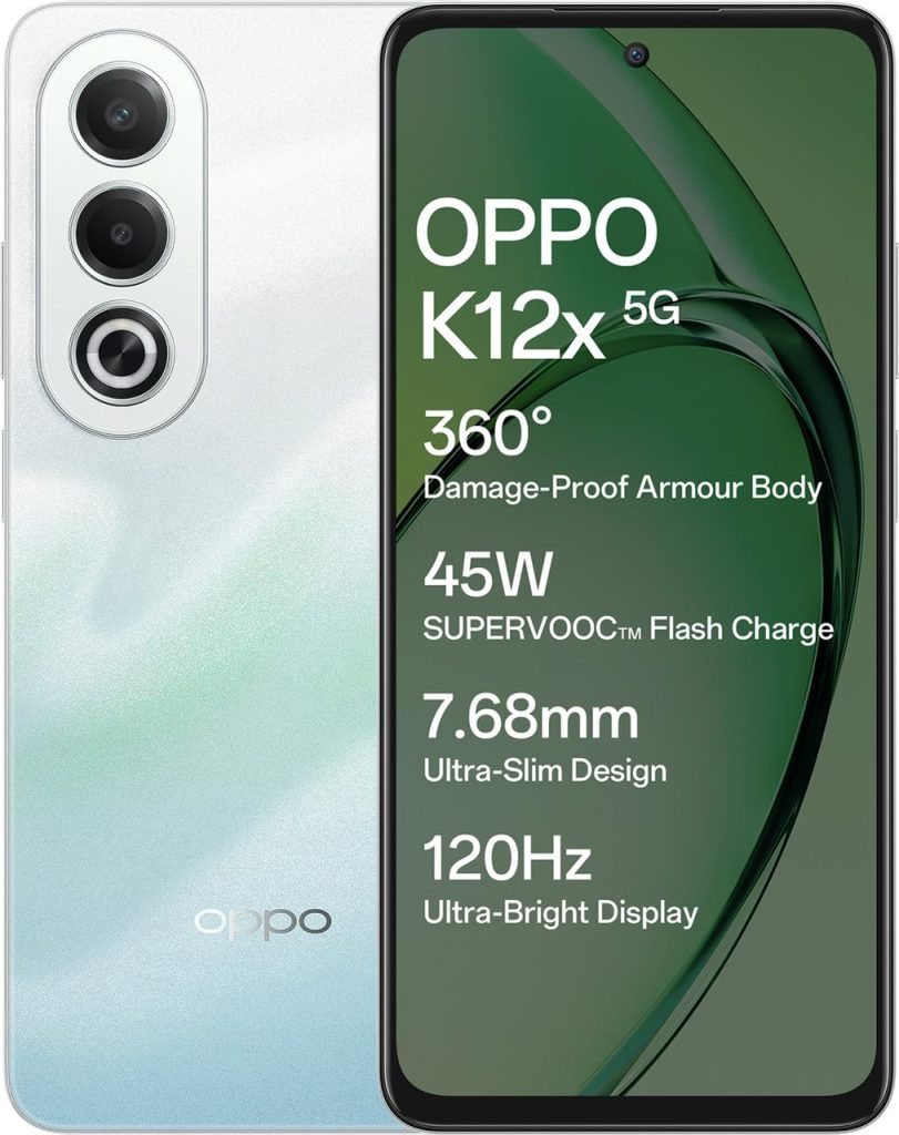 Oppo K12x 5G Smartphone (8GB RAM + 256GB Storage) | 16.94cm LCD Display, 5100mAh Battery | 45W SUPERVOOC Flash Charge | 360° Damage-Proof Armour Body | Charger in The Box (Breeze Blue)