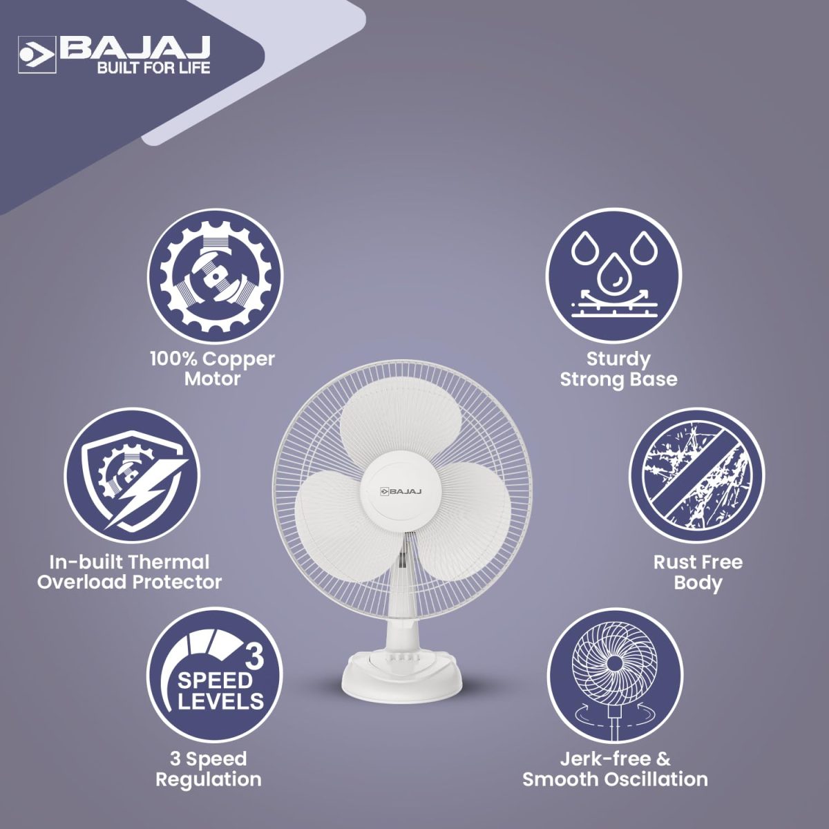 Bajaj Frore Neo Table Fan 400 MM | Table Fans For Home & Office | Aerodynamically Balanced Blades | 100% Copper Motor | High Air Delivery | 3-Speed Control | 2-Yrs Warranty 【White】 - Image 4