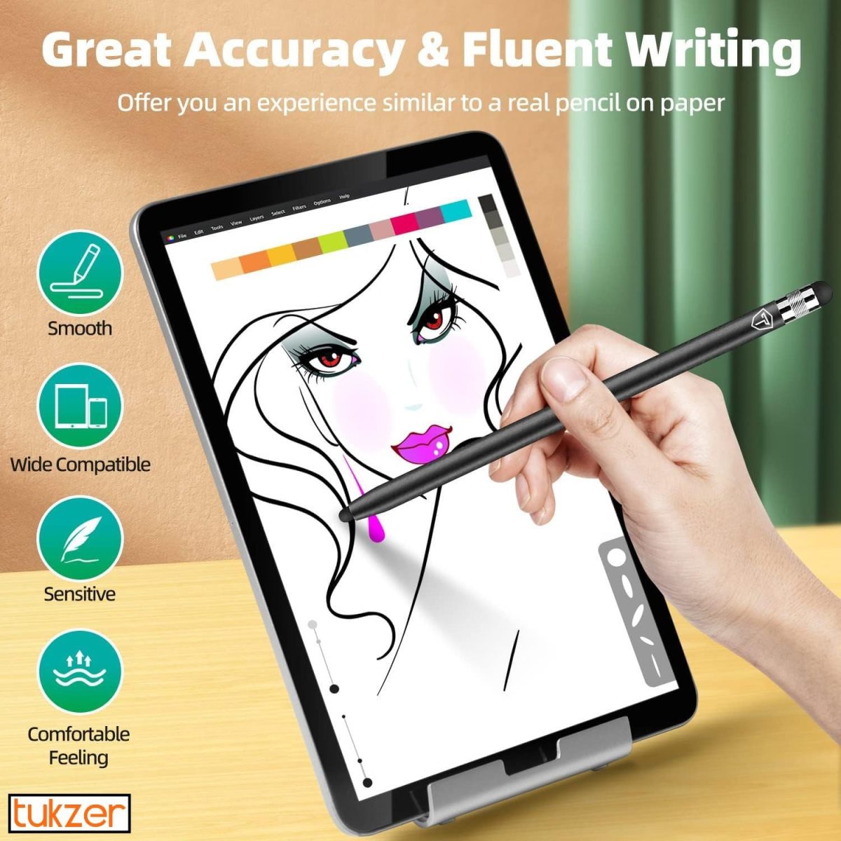 Tukzer 2in1 Universal Stylus Capacitive Pen, Fine Tip,High Sensitivity & Precision for Smartphones, Tablets, iPad, iPhone, iOS,Android,Windows & All Touch Screens Devices-Jet Black - Image 2
