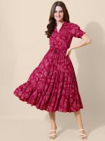flowervelly Dress for Women Printed Midi Dress with V-Neck, Puffed Sleeves - Image 2