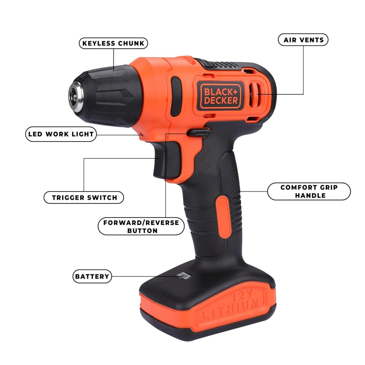 BLACK+DECKER LD12SP 12V 10mm Li-ion Cordless Variable Speed Reversible Drill Machine Driver with 10 Screwdriver & 2 Drill Machine Bits for Home & DIY Use, 1 Year Warranty, ORANGE & BLACK - Image 2