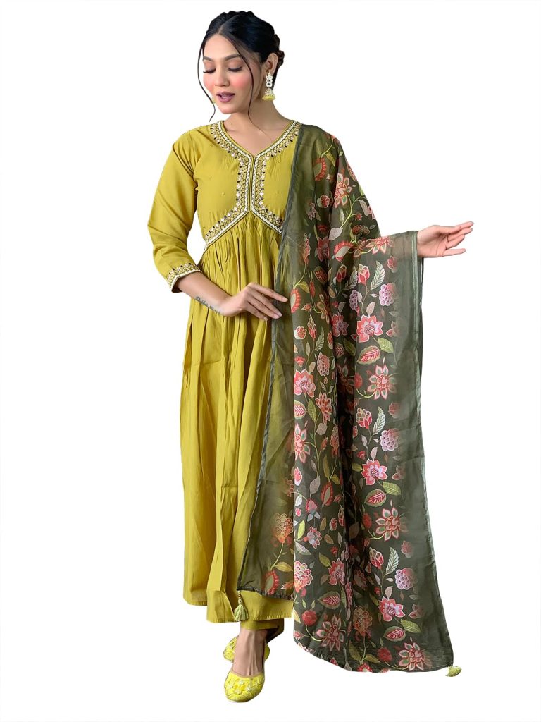 Naixa Women's Viscose Silk Embroidered Flared Kurta with Pant and Dupatta Sets (S-Garima)