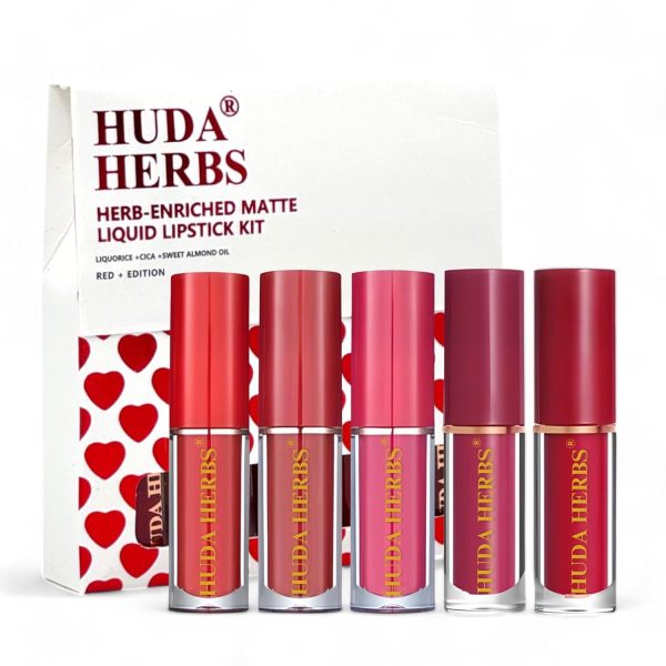 HUDA HERBS Liquid Lipsticks for Women - Set of 5 Paraben & Silicon Free, Matte, Long Lasting, Waterproof, Smudge Proof Mini Lipstick combo, Perfect Gifts for Wome, Red Lipstick Set