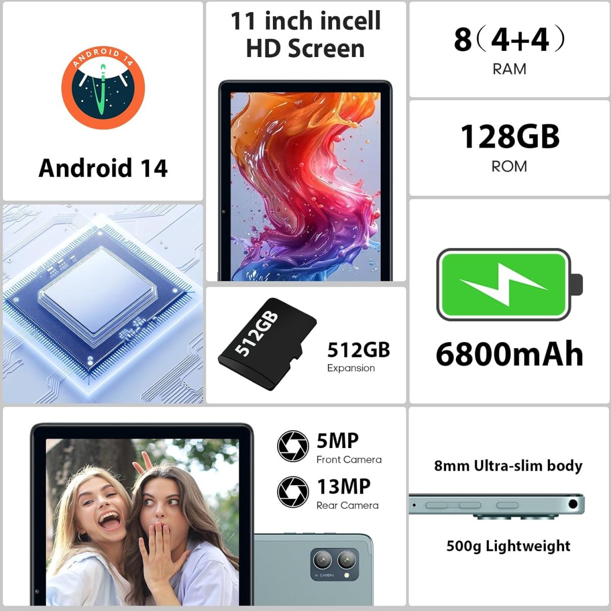 xiskt 10.1" Android Tablet, 14 Android Tablet, 8 (4+4) GB and 128GB Storage (Expansion to 512GB), Dual Camera 13MP + 5MP, 6800mAh, WiFi, Bluetooth 5.0, GPS, Charging - Image 3