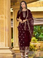 SIRIL Women's Velvet Embroidery Work Kurta Pant with Dupatta Set - Image 3