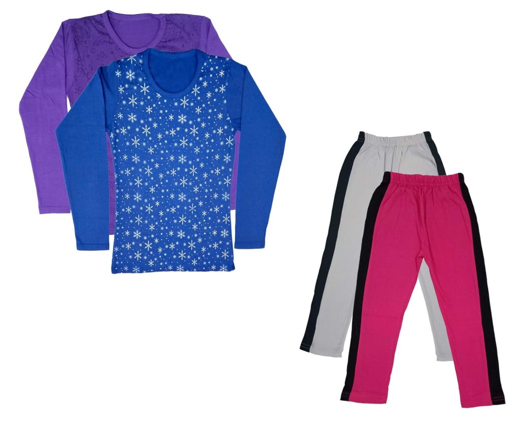 IndiWeaves Girls Cotton Full Sleeve Printed T-Shirts and Cotton Capri 3/4 Pants (White,Magenta,Purple,Blue,12-13 Years) Pack of 4